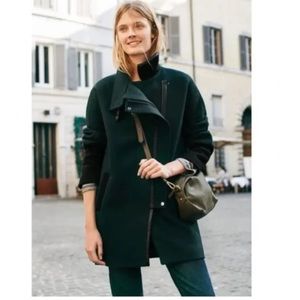 Madewell City Grid Cocoon Moto Coat High Collar Wool Leather Black Green sz 4